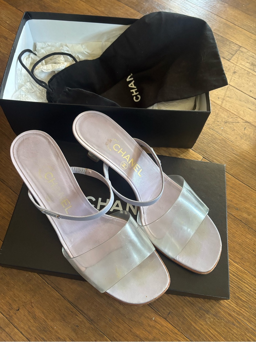 CHANEL Iridescent Silver-Lilac Slingback Heels